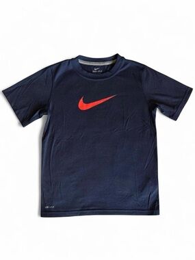 Nike Dri-FIT Youth Small Navy Blue Athletic Tee - Red Swoosh Logo